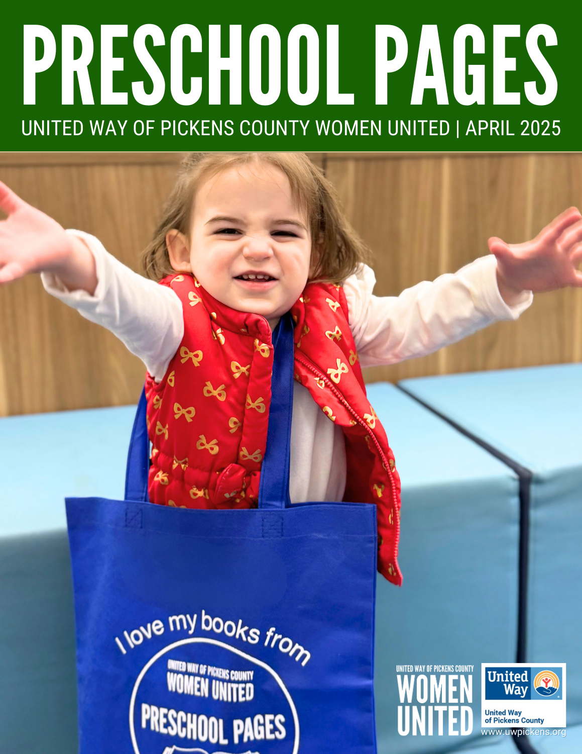Preschool Pages report 2025 cover has a little girl with arms spread wide holding a blue Preschool Pages tote bag on her shoulder.